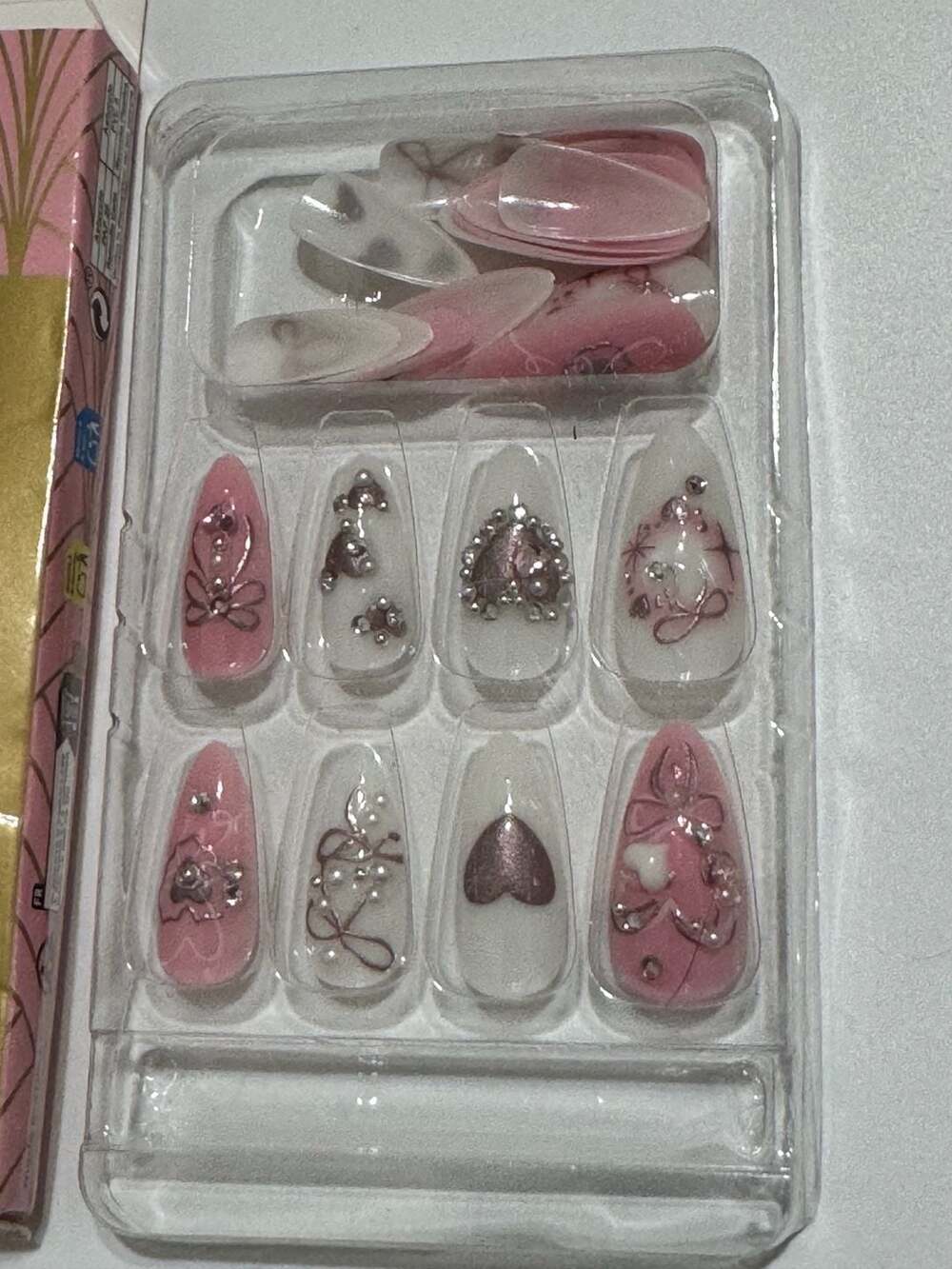 Press On Nails Pink Bow Heart Pearls Almond Y2K